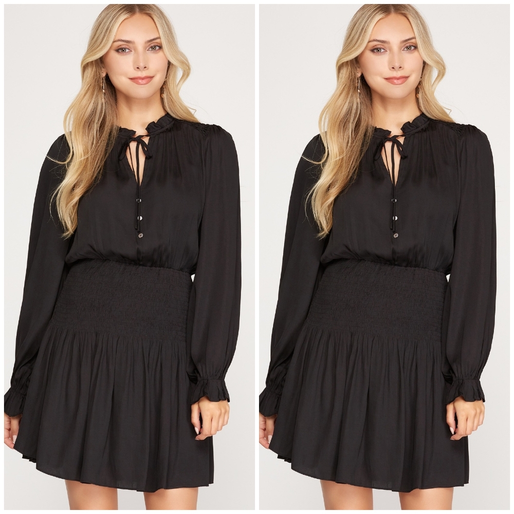 SHE + SKY Sophisticated Black Long Sleeves Short Dress